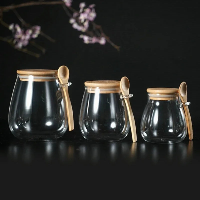 Glazen luchtdichte opbergpotten met bamboo deksels - bij Leafly Living