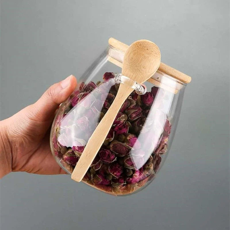 Glazen luchtdichte opbergpotten met bamboo deksels - bij Leafly Living