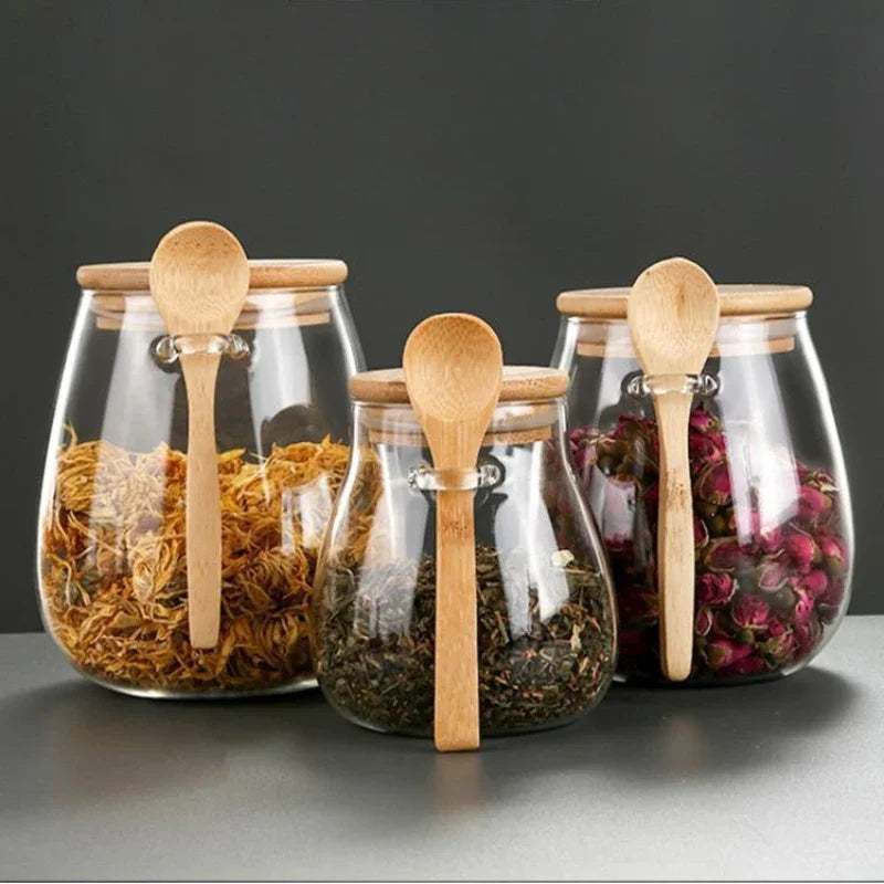 Glazen luchtdichte opbergpotten met bamboo deksels - bij Leafly Living