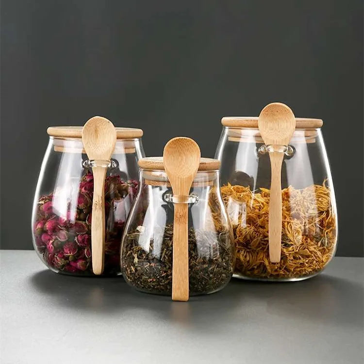 Glazen luchtdichte opbergpotten met bamboo deksels - bij Leafly Living