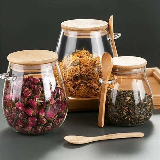 Glazen luchtdichte opbergpotten met bamboo deksels - bij Leafly Living